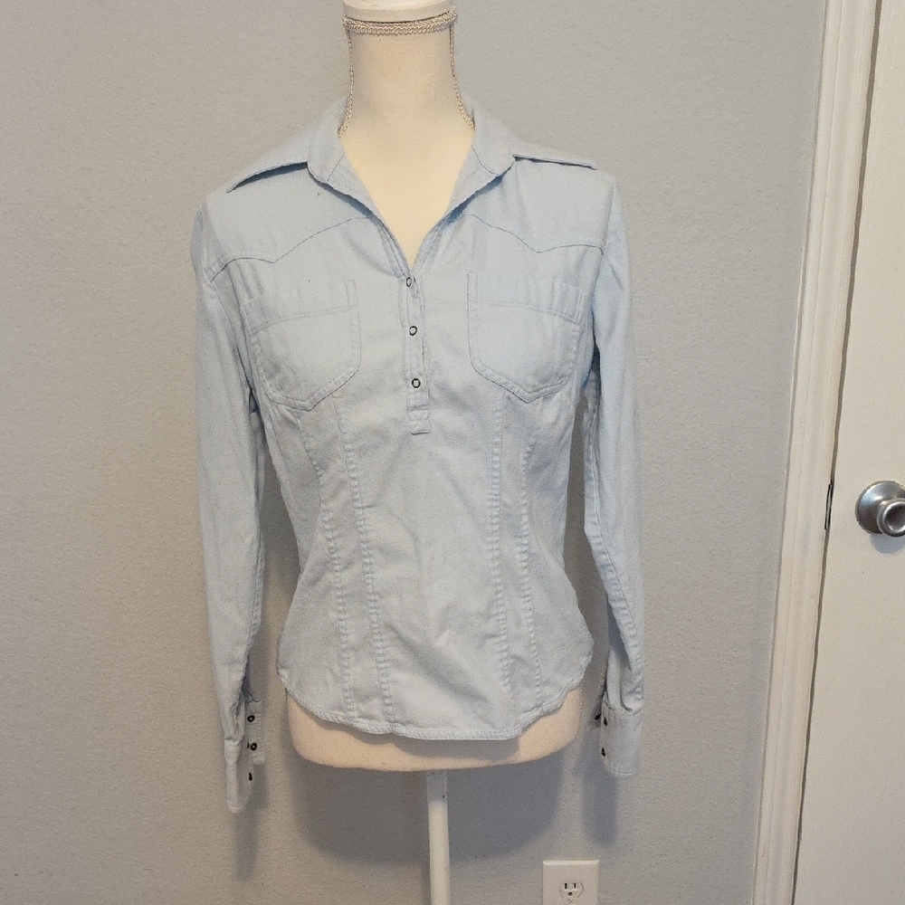 LOFT Blue Gray Fitted Polo Collar Button Down Shirt